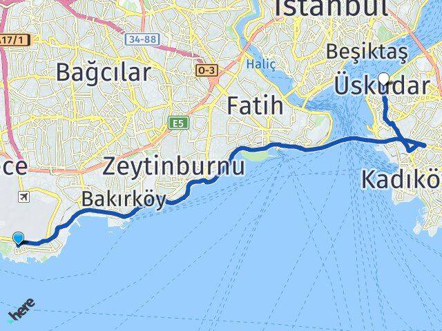 İstanbul Bakırköy Yeşilköy Üsküdar Arası Kaç Km - Yol Haritası