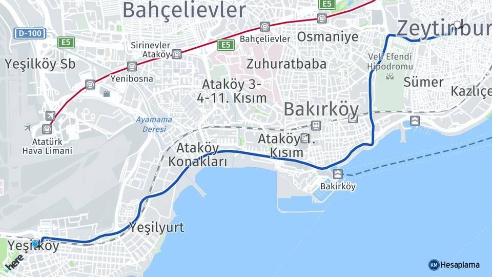 İstanbul Bakırköy Yeşilköy Zeytinburnu Arası Kaç Km - Yol Haritası