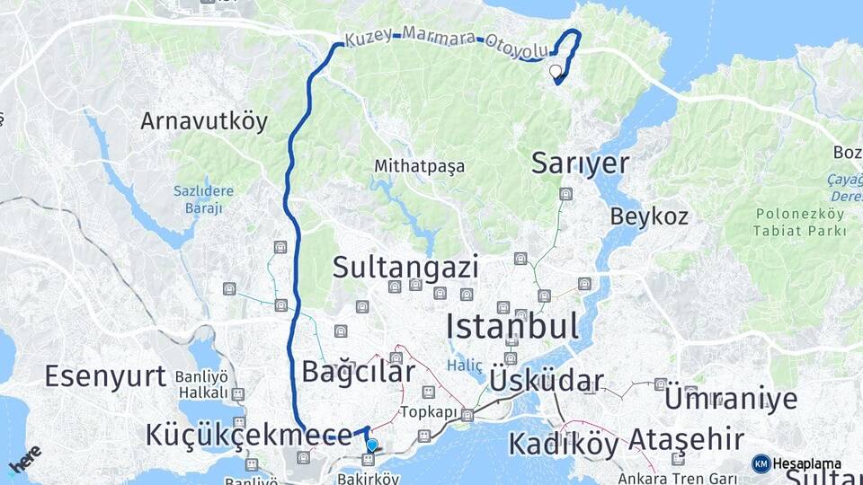 İstanbul Bakırköy Zekeriyaköy Sarıyer Arası Kaç Km - Yol Haritası