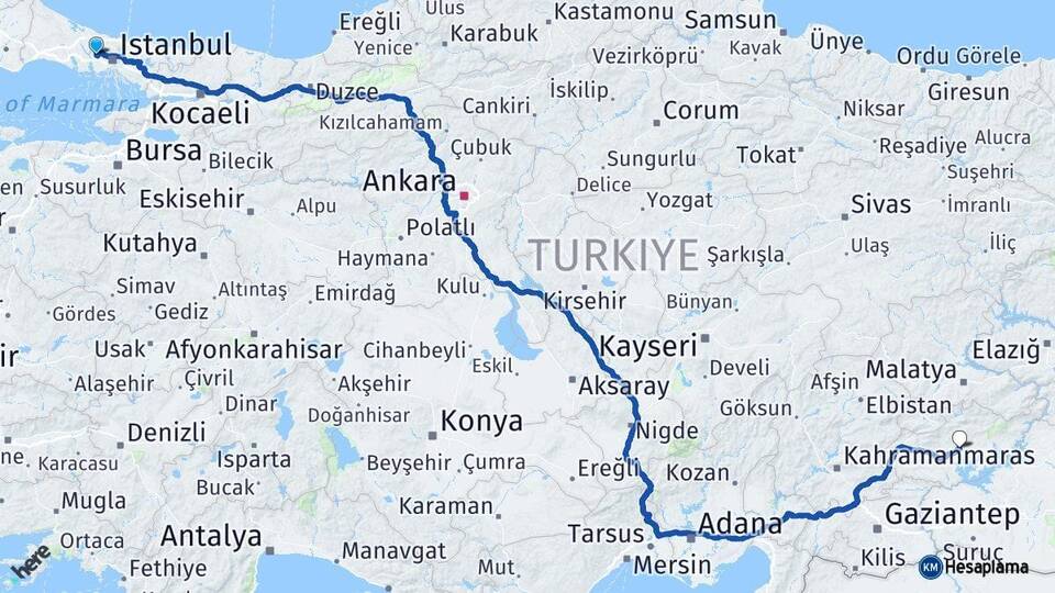 İstanbul Başakşehir Adıyaman Arası Kaç Km - Yol Haritası
