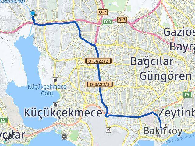 İstanbul Başakşehir Altınşehir Bakırköy Arası Kaç Km - Yol Haritası