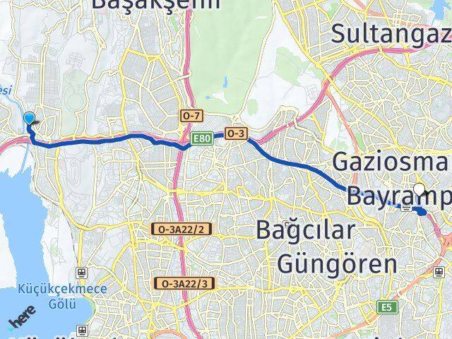 İstanbul Başakşehir Altınşehir Bayrampaşa Arası Kaç Km - Yol Haritası