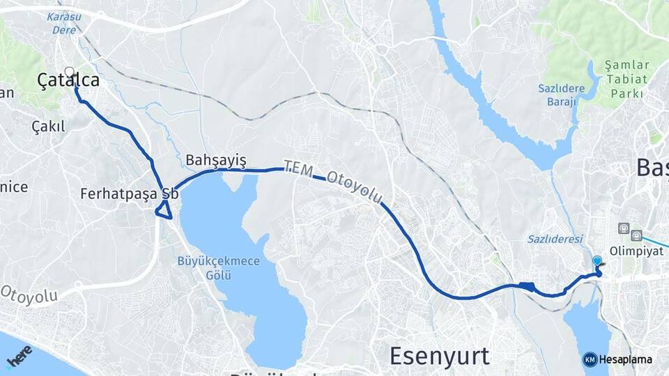 İstanbul Başakşehir Altınşehir Çatalca Arası Kaç Km - Yol Haritası