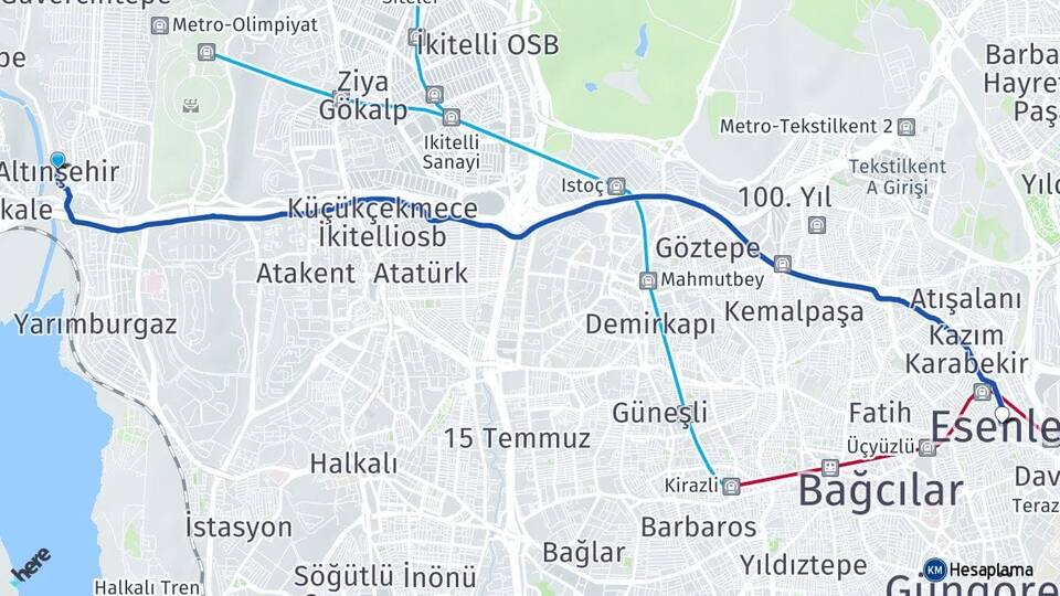 İstanbul Başakşehir Altınşehir Esenler Arası Kaç Km - Yol Haritası