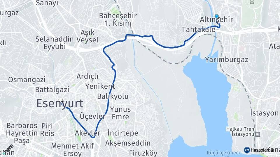 İstanbul Başakşehir Altınşehir Esenyurt Arası Kaç Km - Yol Haritası