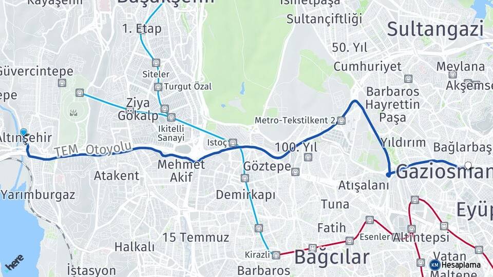 İstanbul Başakşehir Altınşehir Gaziosmanpaşa Arası Kaç Km - Yol Haritası