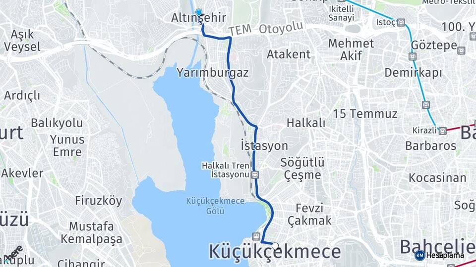 İstanbul Başakşehir Altınşehir Küçükçekmece Arası Kaç Km - Yol Haritası