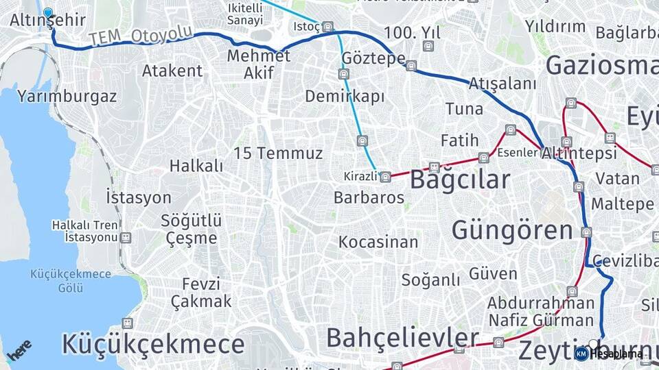 İstanbul Başakşehir Altınşehir Zeytinburnu Arası Kaç Km - Yol Haritası