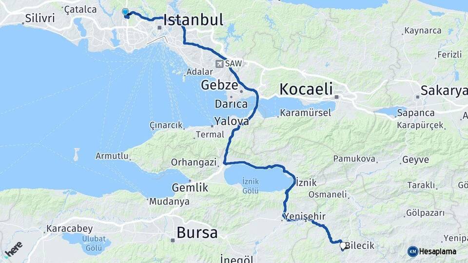 İstanbul Başakşehir Bilecik Arası Kaç Km - Yol Haritası
