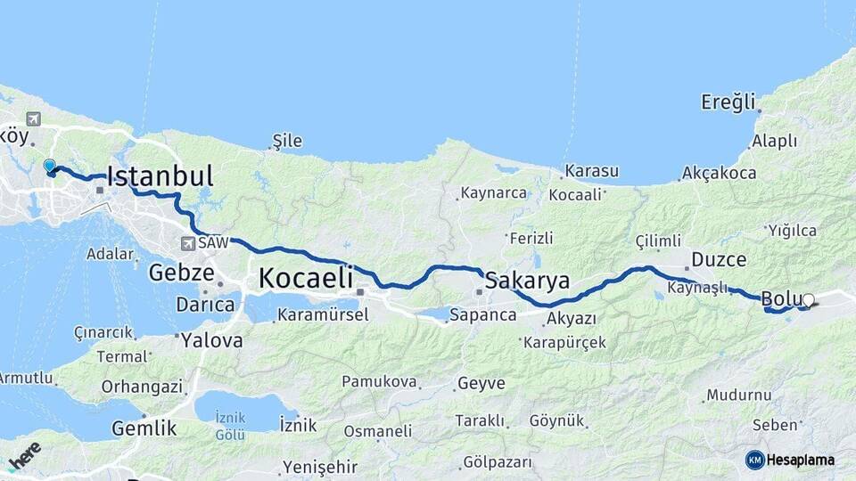 İstanbul Başakşehir Bolu Arası Kaç Km - Yol Haritası