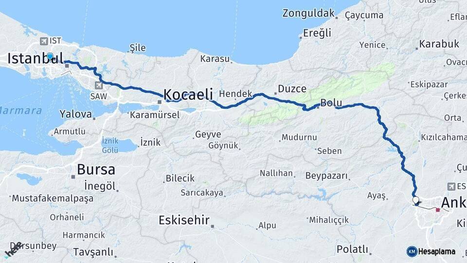İstanbul Başakşehir Eryaman Etimesgut Ankara Arası Kaç Km - Yol Haritası