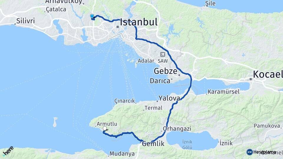 İstanbul Başakşehir Fıstıklı Armutlu Yalova Arası Kaç Km - Yol Haritası