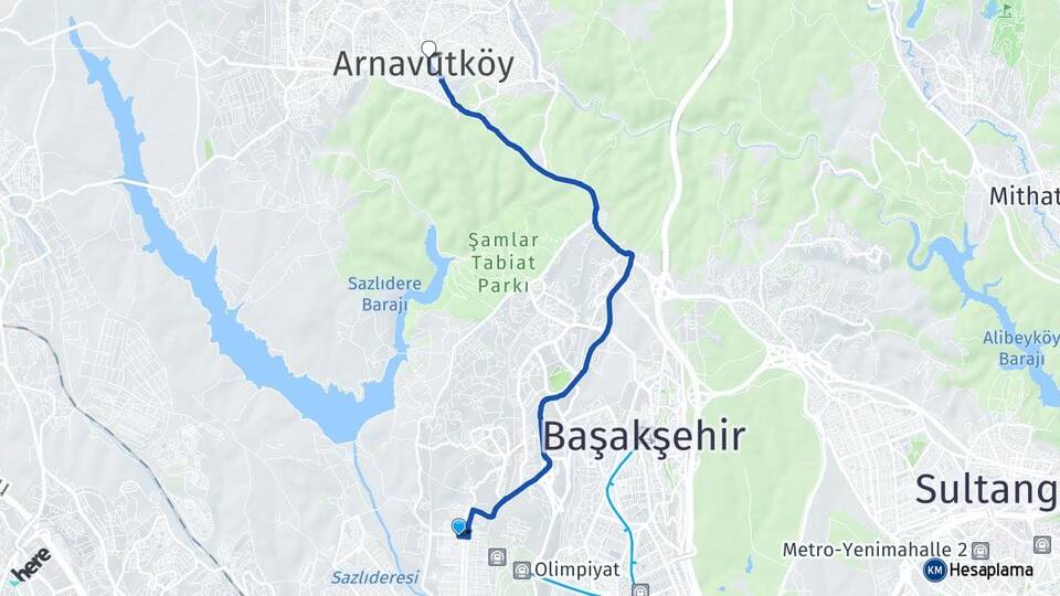 İstanbul Başakşehir Güvercintepe Arnavutköy Arası Kaç Km - Yol Haritası