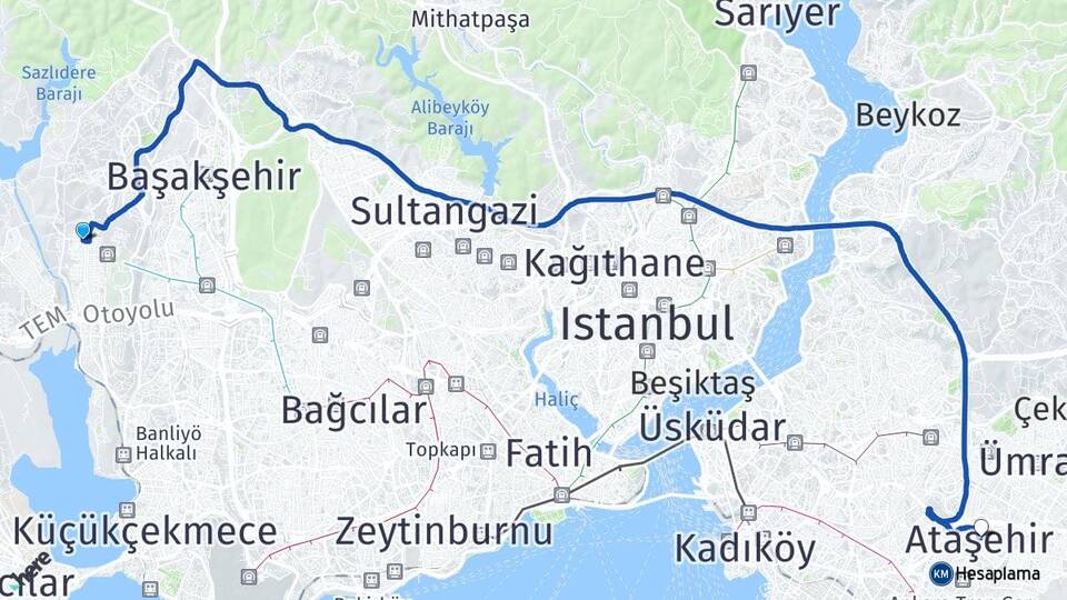 İstanbul Başakşehir Güvercintepe Ataşehir Arası Kaç Km - Yol Haritası