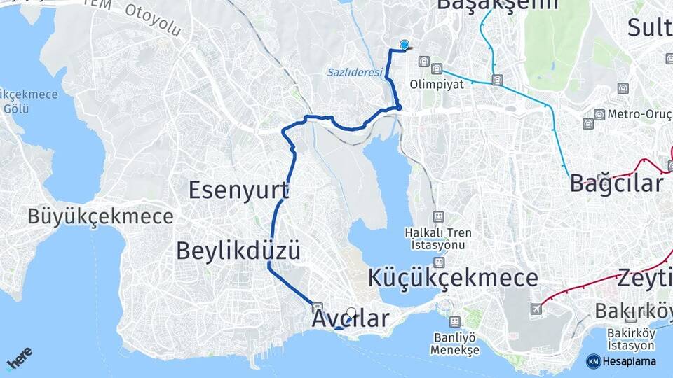 İstanbul Başakşehir Güvercintepe Avcılar Arası Kaç Km - Yol Haritası