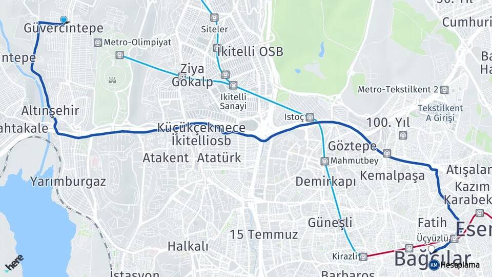 İstanbul Başakşehir Güvercintepe Bağcılar Arası Kaç Km - Yol Haritası