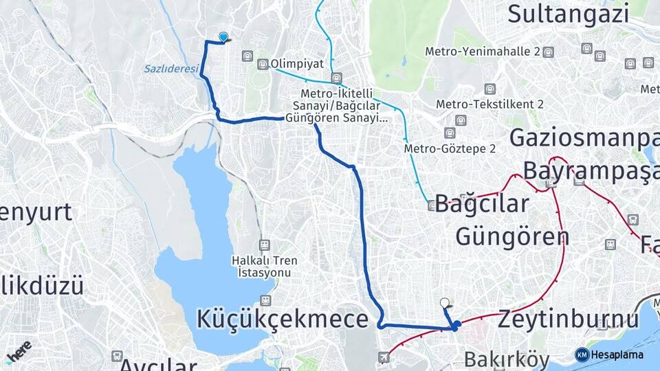 İstanbul Başakşehir Güvercintepe Bahçelievler Arası Kaç Km - Yol Haritası