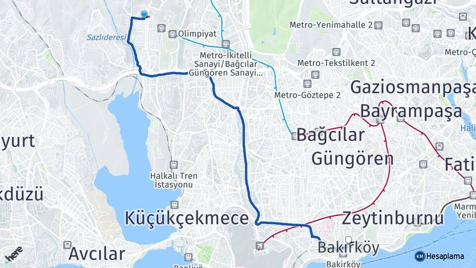 İstanbul Başakşehir Güvercintepe Bakırköy Arası Kaç Km - Yol Haritası