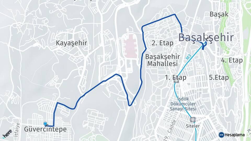İstanbul Başakşehir Güvercintepe Başakşehir Arası Kaç Km - Yol Haritası