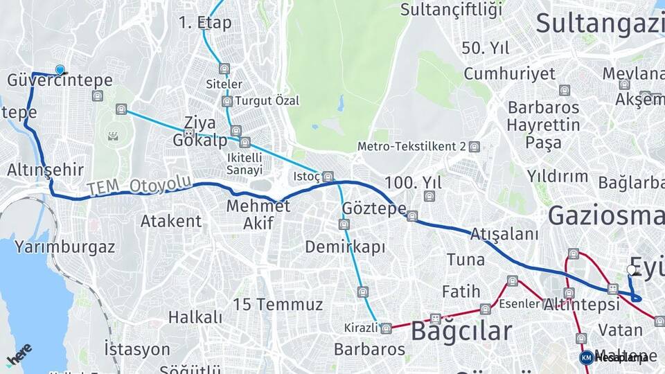 İstanbul Başakşehir Güvercintepe Bayrampaşa Arası Kaç Km - Yol Haritası