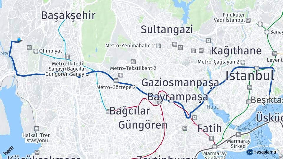 İstanbul Başakşehir Güvercintepe Beşiktaş Arası Kaç Km - Yol Haritası