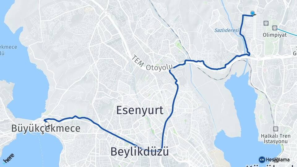 İstanbul Başakşehir Güvercintepe Büyükçekmece Arası Kaç Km - Yol Haritası