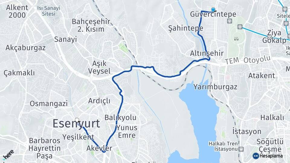 İstanbul Başakşehir Güvercintepe Esenyurt Arası Kaç Km - Yol Haritası