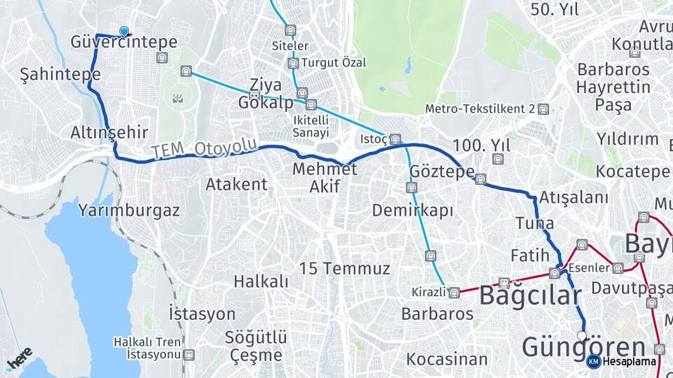 İstanbul Başakşehir Güvercintepe Güngören Arası Kaç Km - Yol Haritası