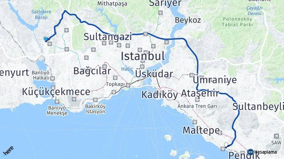 İstanbul Başakşehir Güvercintepe Kartal Arası Kaç Km - Yol Haritası