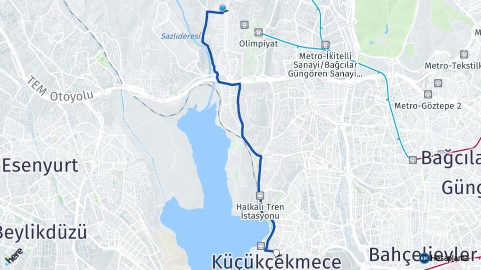 İstanbul Başakşehir Güvercintepe Küçükçekmece Arası Kaç Km - Yol Haritası
