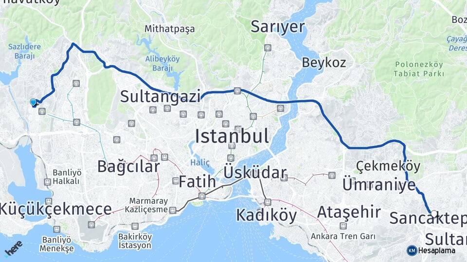 İstanbul Başakşehir Güvercintepe Sancaktepe Arası Kaç Km - Yol Haritası