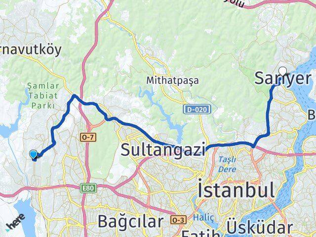 İstanbul Başakşehir Güvercintepe Sarıyer Arası Kaç Km - Yol Haritası