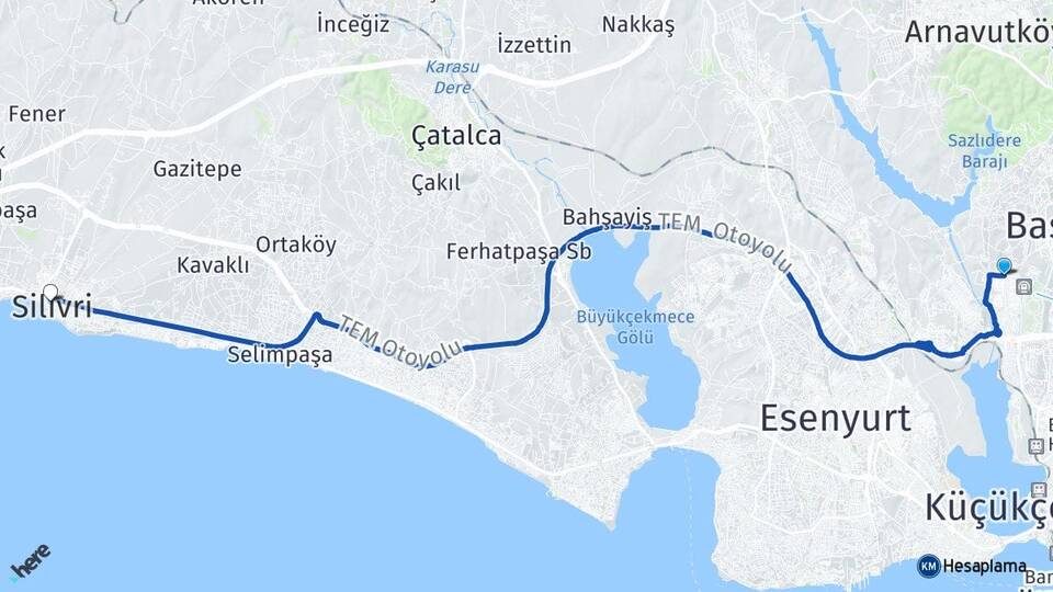 İstanbul Başakşehir Güvercintepe Silivri Arası Kaç Km - Yol Haritası