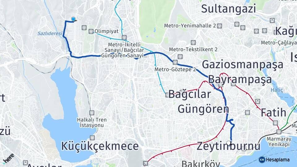 İstanbul Başakşehir Güvercintepe Zeytinburnu Arası Kaç Km - Yol Haritası