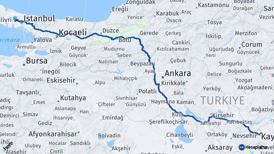 İstanbul Başakşehir Kayseri Arası Kaç Km - Yol Haritası
