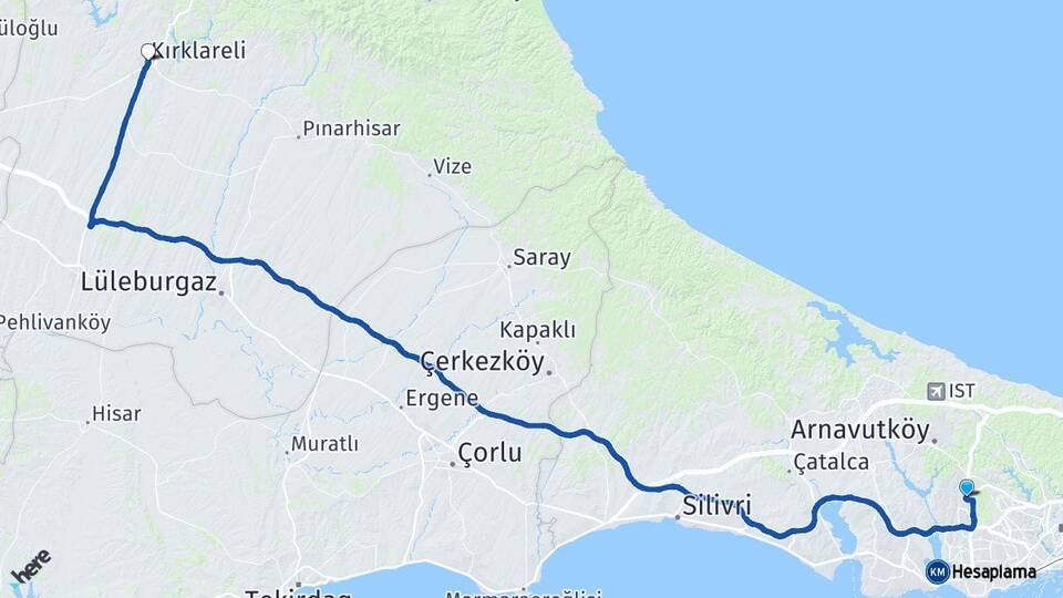 İstanbul Başakşehir Kırklareli Arası Kaç Km - Yol Haritası