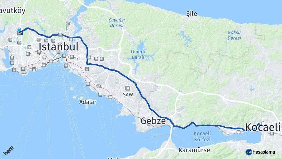 İstanbul Başakşehir Kocaeli Arası Kaç Km - Yol Haritası