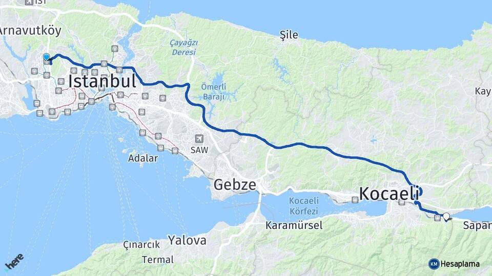 İstanbul Başakşehir Maşukiye Kartepe Kocaeli Arası Kaç Km - Yol Haritası