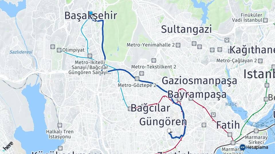 İstanbul Başakşehir Merter Güngören Arası Kaç Km - Yol Haritası