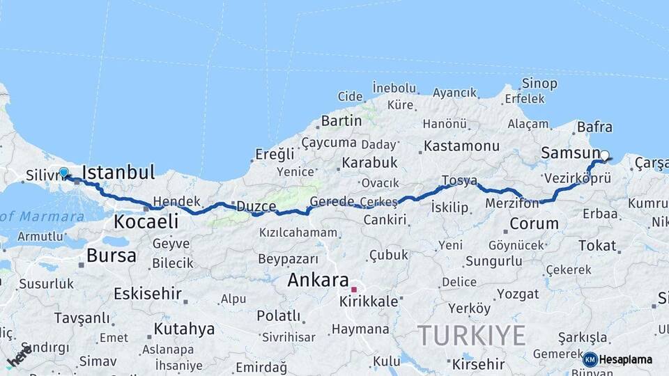 İstanbul Başakşehir Samsun Arası Kaç Km - Yol Haritası