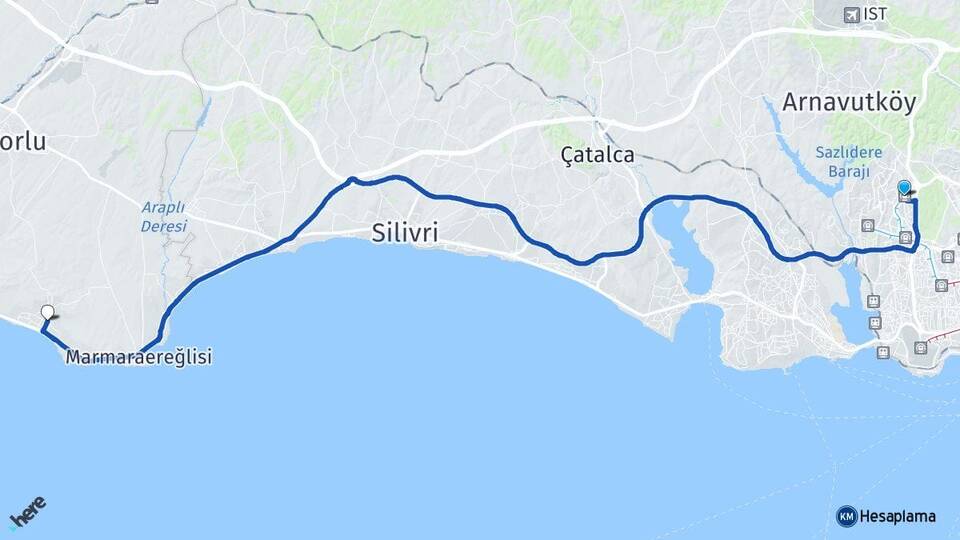 İstanbul Başakşehir Yeniçiftlik Marmaraereğlisi Tekirdağ Arası Kaç Km - Yol Haritası