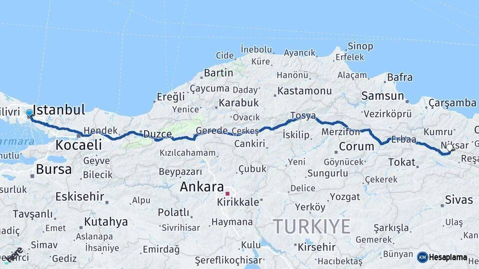 İstanbul Başçiftlik Tokat Arası Kaç Km - Yol Haritası