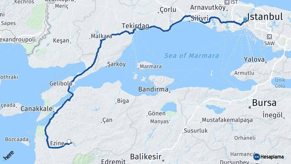 İstanbul Bayramiç Çanakkale Arası Kaç Km - Yol Haritası