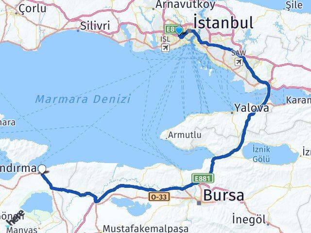İstanbul Bayrampaşa 600 Evler Bandırma Balıkesir Arası Kaç Km - Yol Haritası