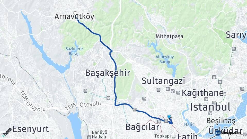 İstanbul Bayrampaşa Arnavutköy Arası Kaç Km - Yol Haritası