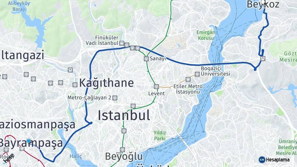İstanbul Bayrampaşa Beykoz Arası Kaç Km - Yol Haritası