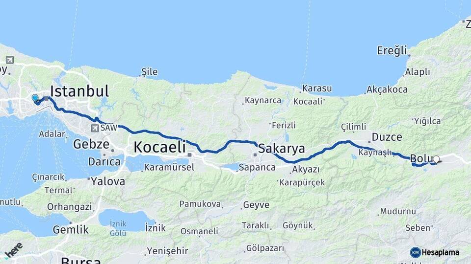 İstanbul Bayrampaşa Bolu Arası Kaç Km - Yol Haritası