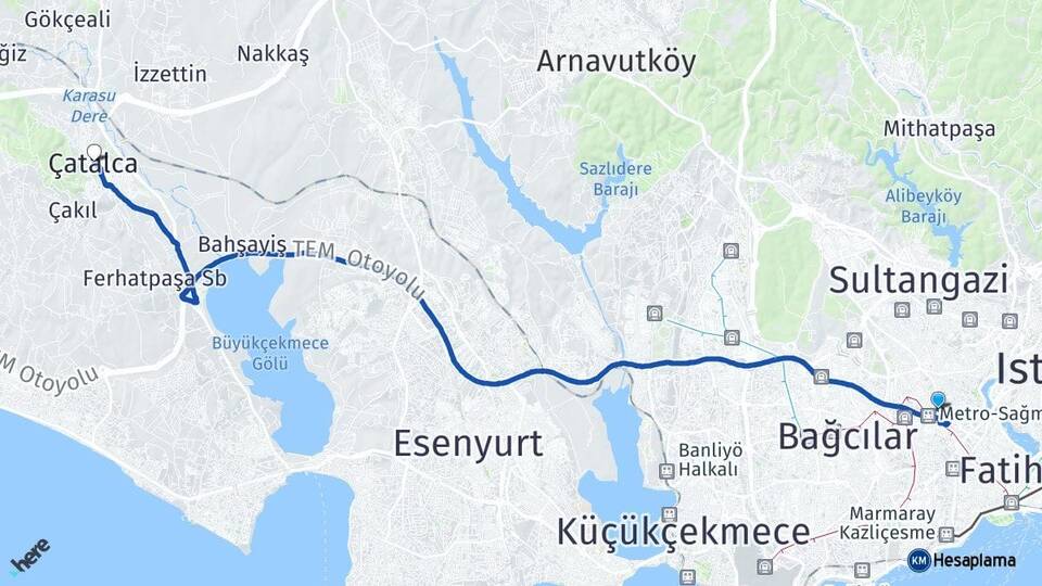 İstanbul Bayrampaşa Çatalca Arası Kaç Km - Yol Haritası