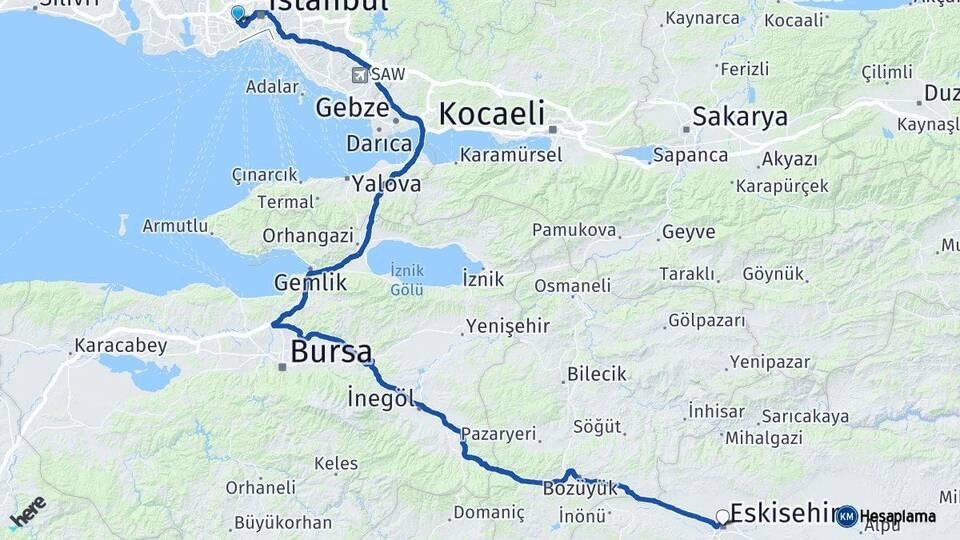 İstanbul Bayrampaşa Eskişehir Arası Kaç Km - Yol Haritası
