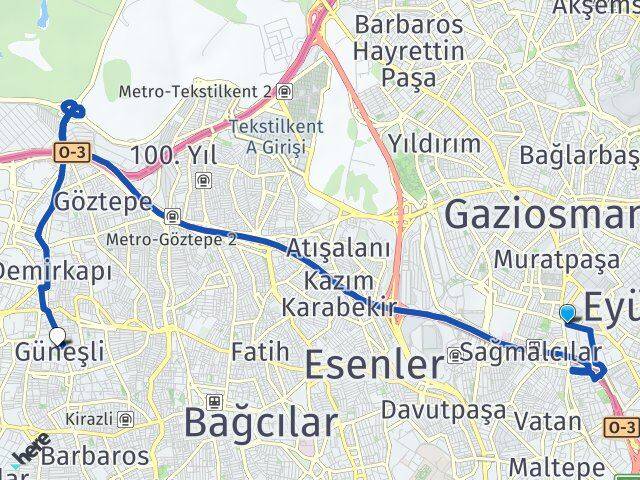 İstanbul Bayrampaşa Güneşli Bağcılar Arası Kaç Km - Yol Haritası